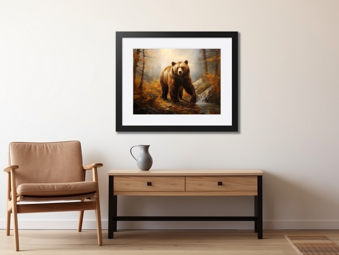 Grizzly Bear Autumn Forest Stream Golden Fall Oil Painting Print - Image 2