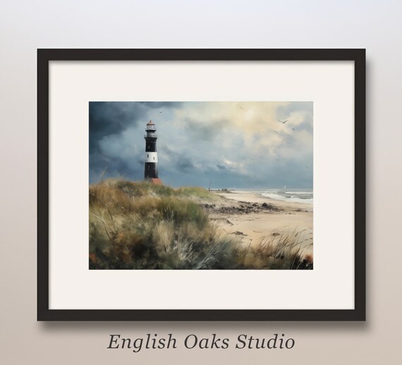 Black White Striped Lighthouse on Sandy Beach Dramatic Sky Wall Art