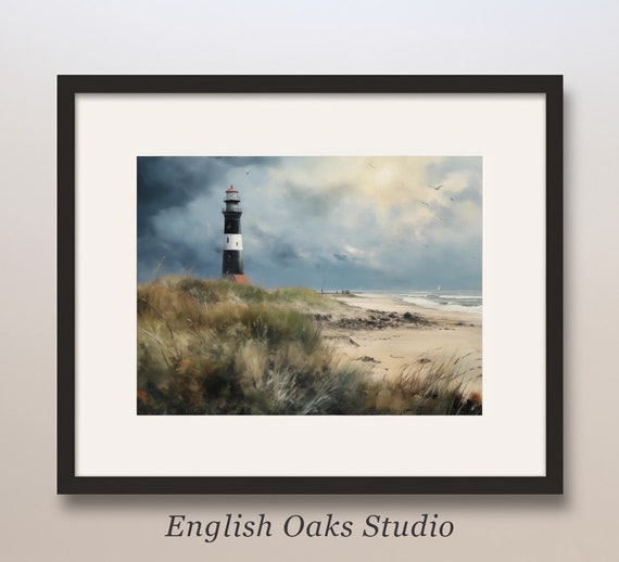 Vintage Moody Lighthouse Ocean Seascape Oil Painting Nautical Landscape Wall Art
