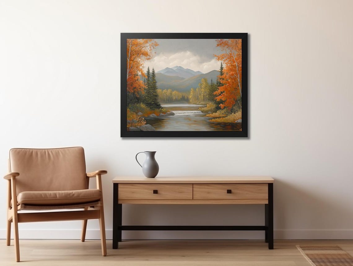 Golden Autumn River with Small Waterfall and Mountain Peaks Poster - Image 2