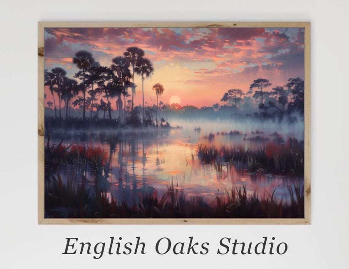Palm Trees At Sunset Over Misty Wetlands Tropical Landscape Poster - Image 2