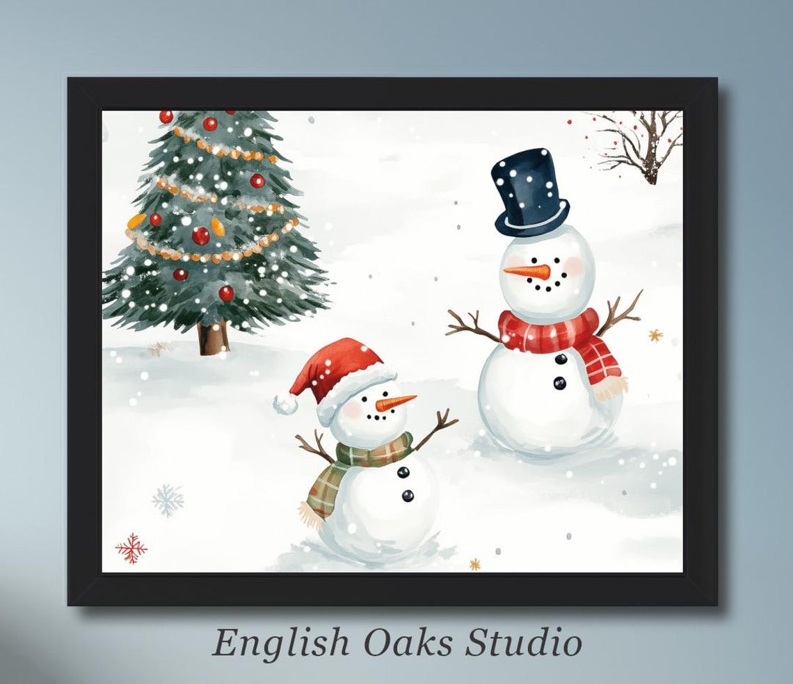 Two Snowmen And Decorated Christmas Tree Snowy Holiday Poster