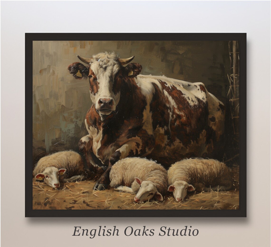 Country Cow Sheep Vintage Rustic Farm Animals Art Print
