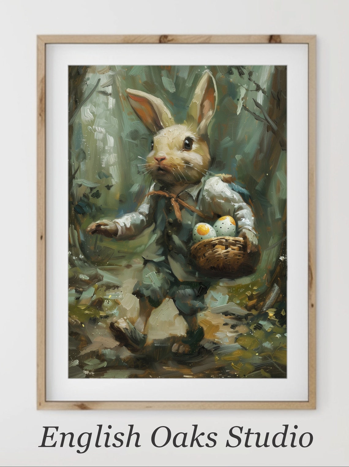Easter Bunny Carrying Egg Basket Through Forest Vintage Style Poster
