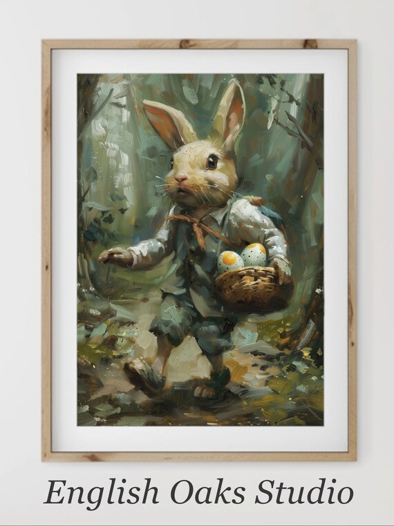 Easter Bunny Carrying Egg Basket Through Forest Vintage Style Poster