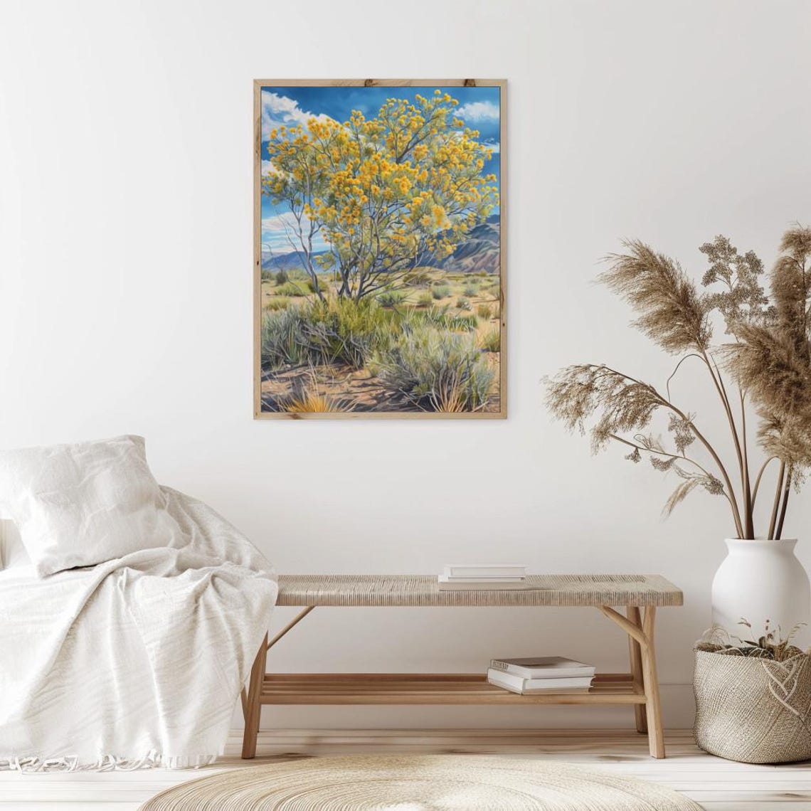 Yellow Blooming Desert Tree with Distant Mountain Valley Poster - Image 2