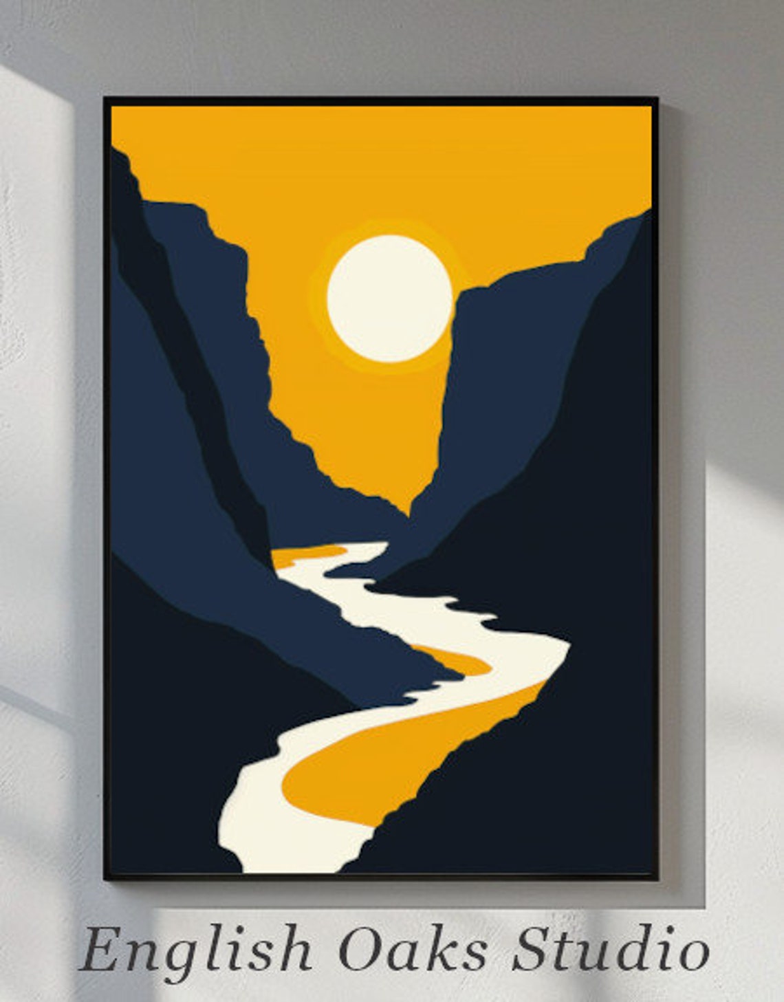 Midcentury Modern Mountains And Sun Blue Yellow Graphic Wall Art