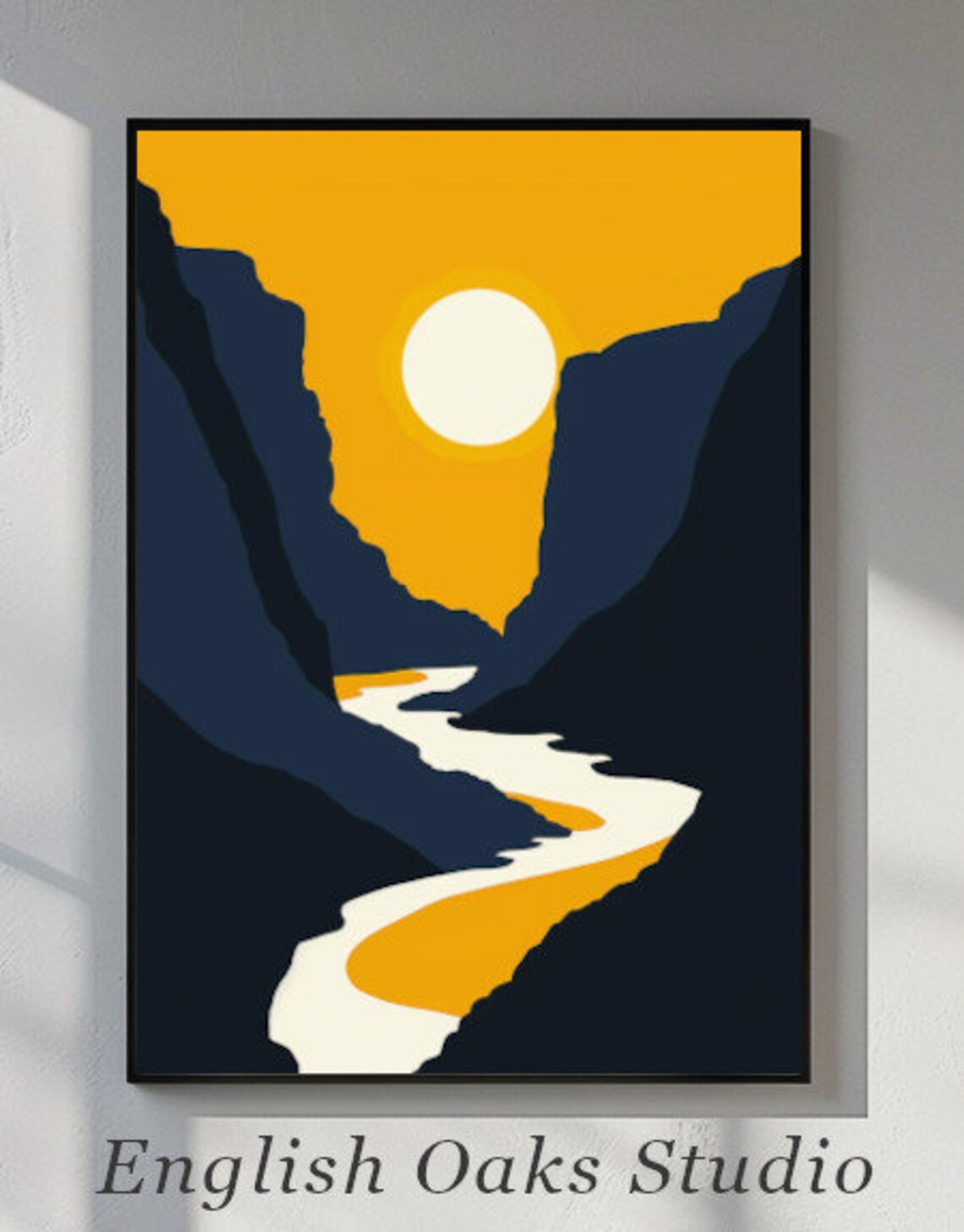 Midcentury Modern Mountains And Sun Blue Yellow Tones Landscape Wall Art Boho Landscape Print