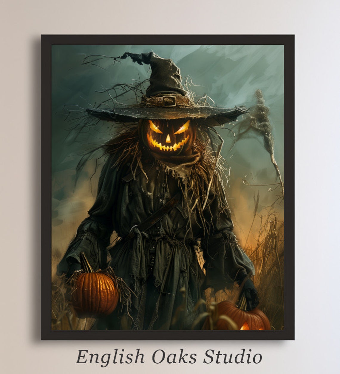 Pumpkin Head Scarecrow Witch Hat Jack O Lantern Spooky Fall Art Poster