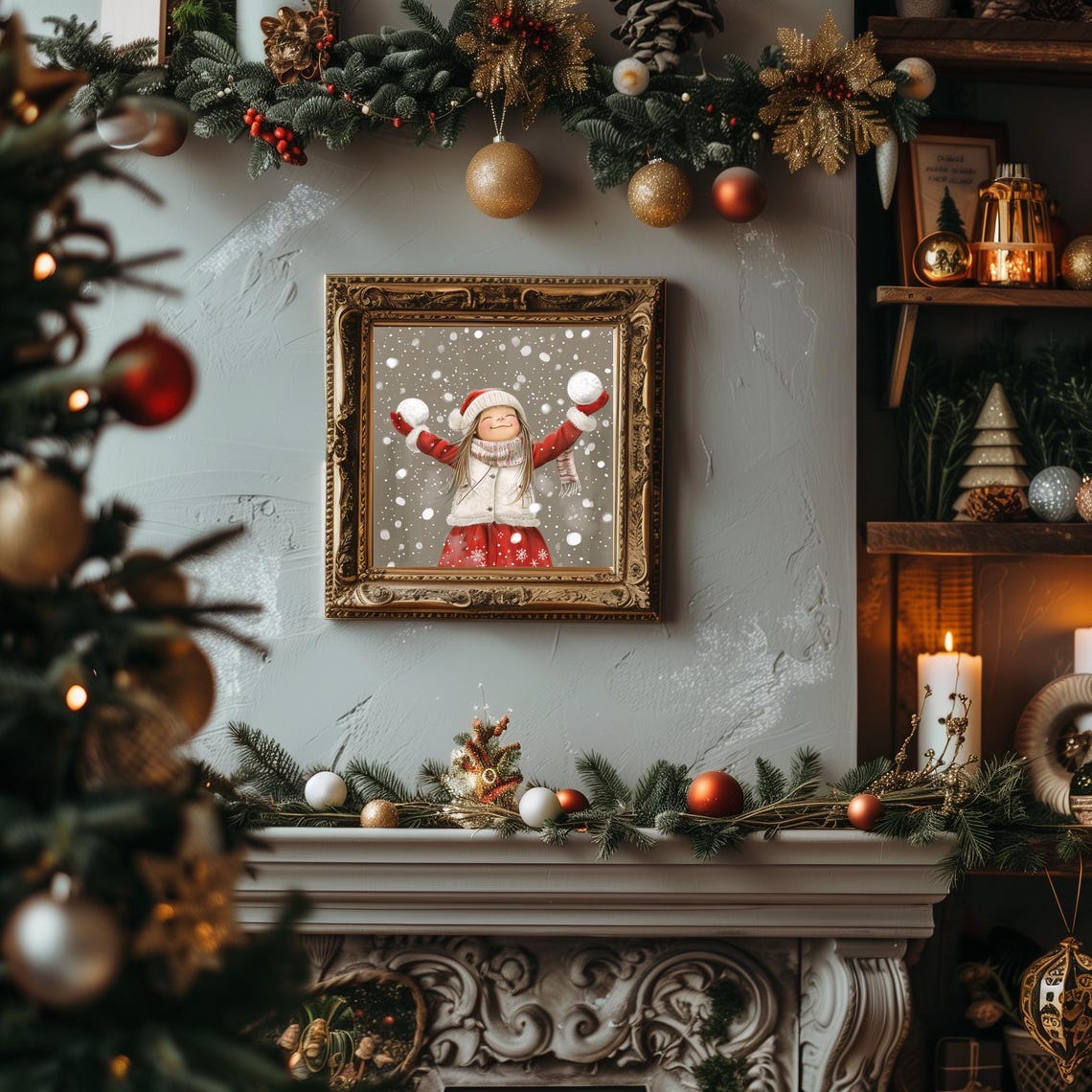 Happy Girl in Red Coat Holding Snowballs in Falling Snow Poster - Image 2