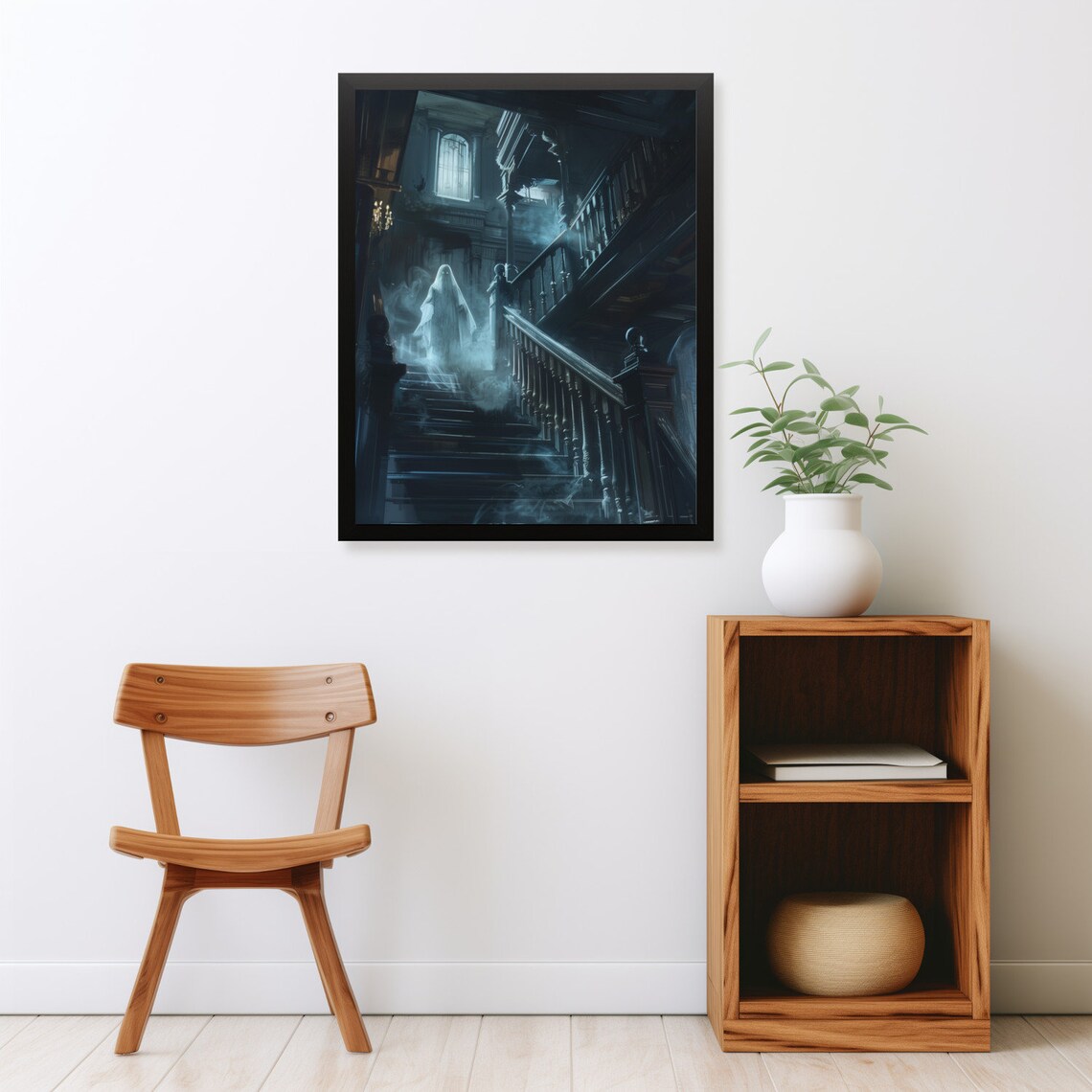 Moody Spooky Ghost Stairs Mansion Vintage Halloween Art Print - Image 2