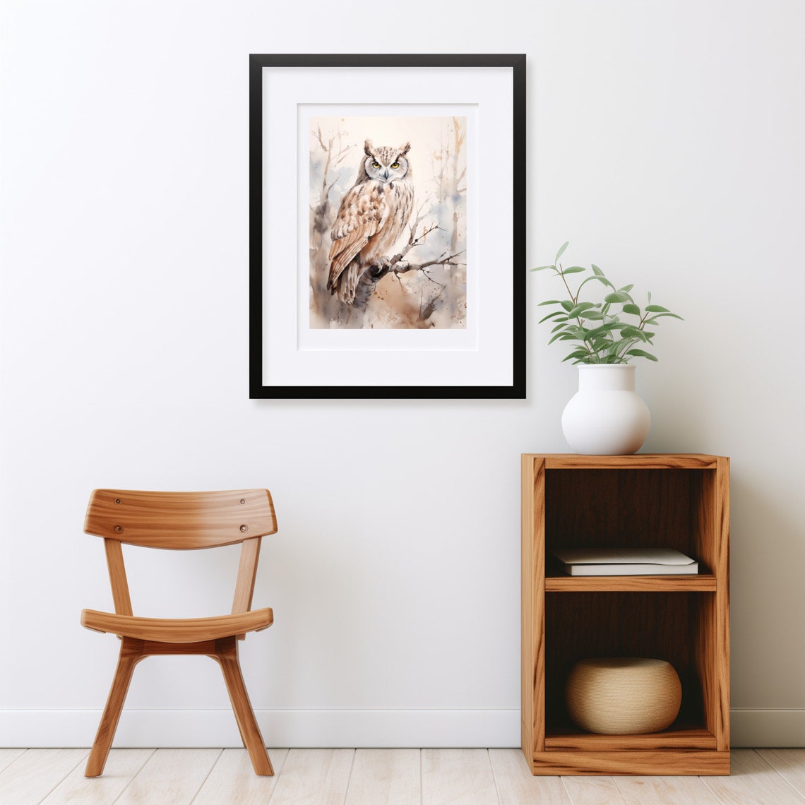 Great Horned Owl Watercolor Branch Neutral Wildlife Wall Art - Image 2
