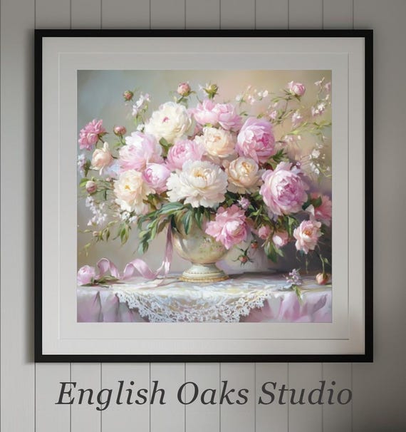 Moody Vintage White And Pink Peonies In A White Vase Painting Farmhouse Antique Floral Still Life Print