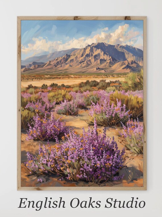 Purple Desert Wildflower Bushes Before Mountain Horizon Poster