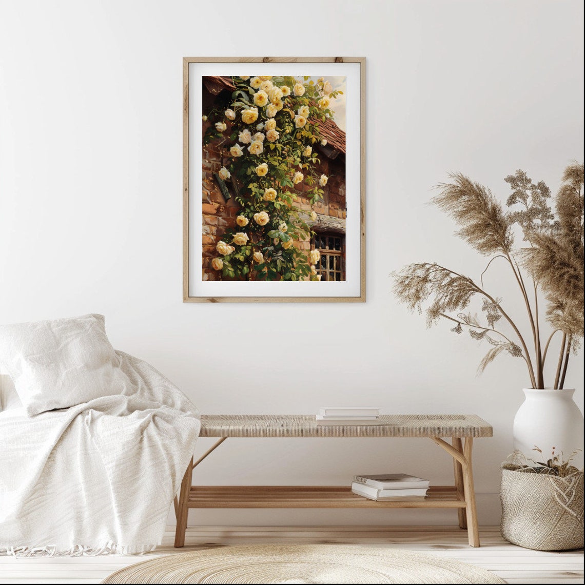 Yellow Climbing Roses Brick Cottage House Vintage Floral Poster - Image 2