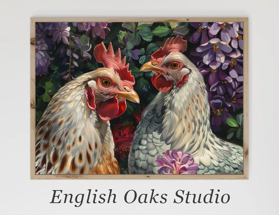 Two Hens Purple Flowers Charming Country Chicken Floral Art Poster