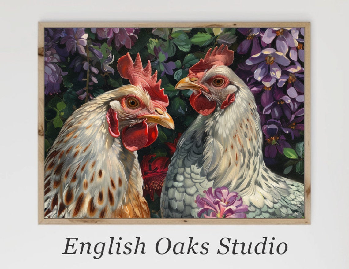 Two Hens Purple Flowers Charming Country Chicken Floral Art Poster