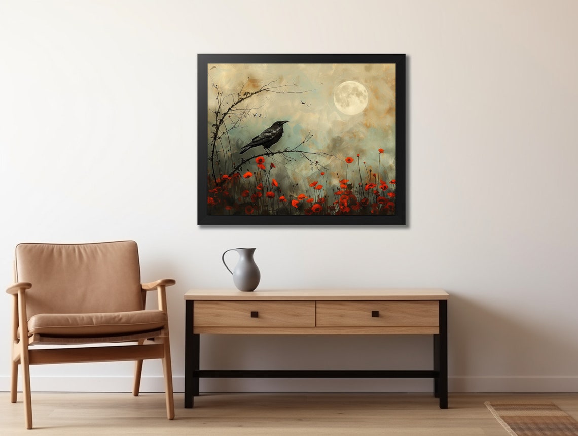 Black Raven Perched Among Red Poppies Full Moon Night Painting Poster - Image 2