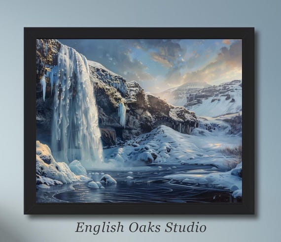 Winter Neutral Tones Frozen Waterfall Wall Art Print Moody Vintage Winter Snow Covered Mountain Landscape Painting Decor