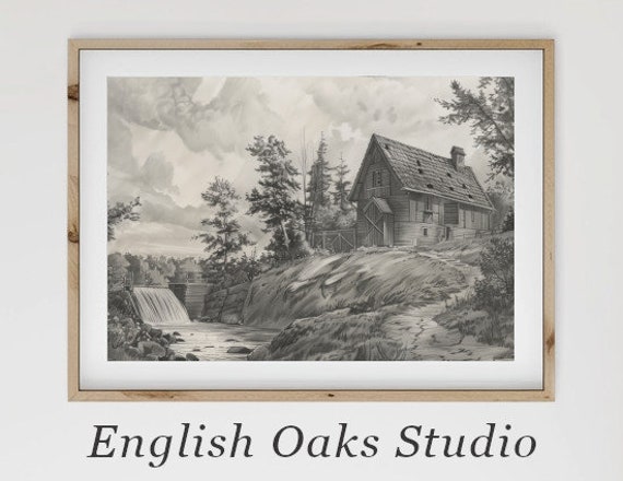 Rustic Neutral Cabin In The Forest Path Landscape Sketch Wall Art Vintage Cabin Landscape Decor Wall Art 02