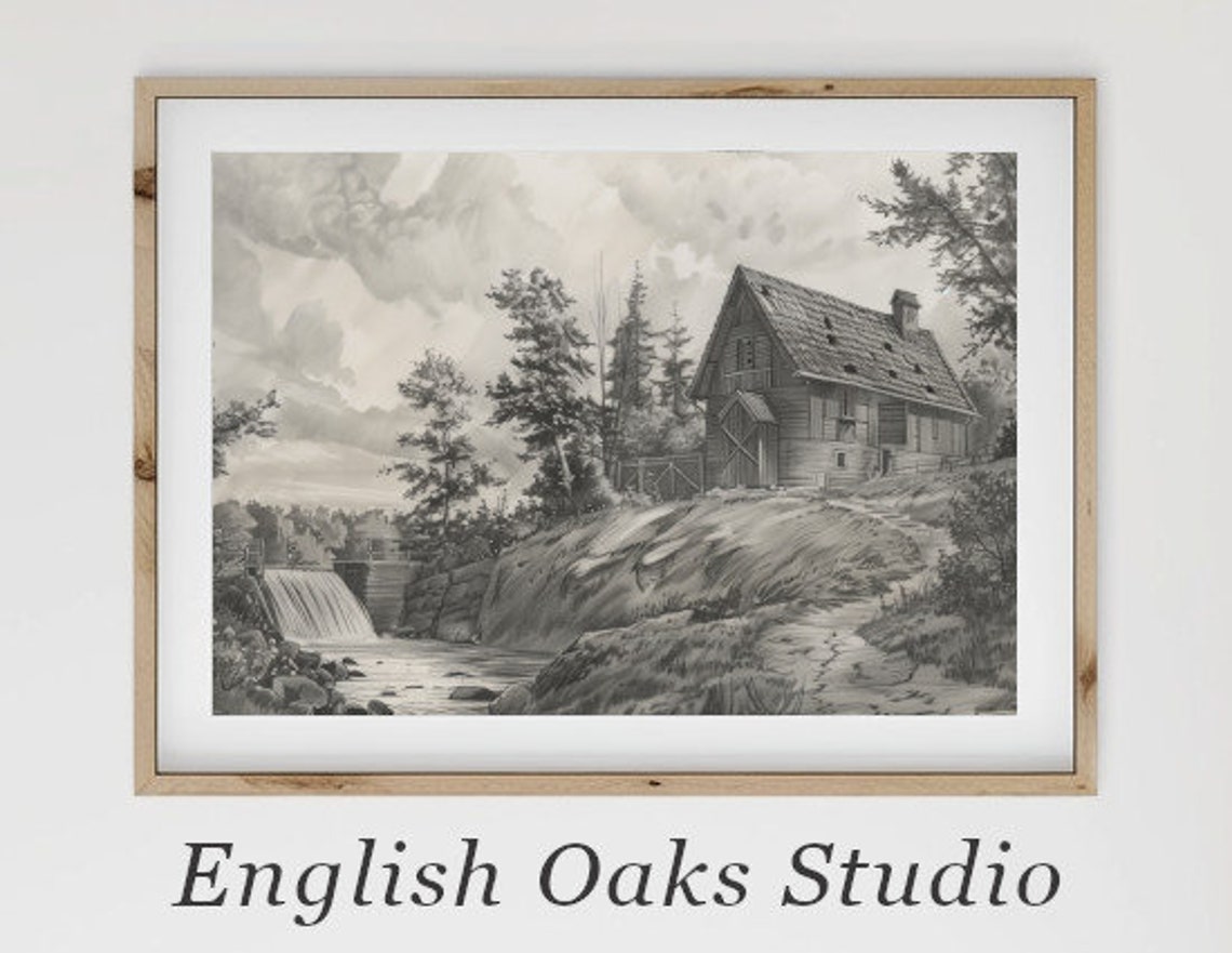 Vintage Pencil Sketch Of Wooden Mill House By Waterfall Stream Poster