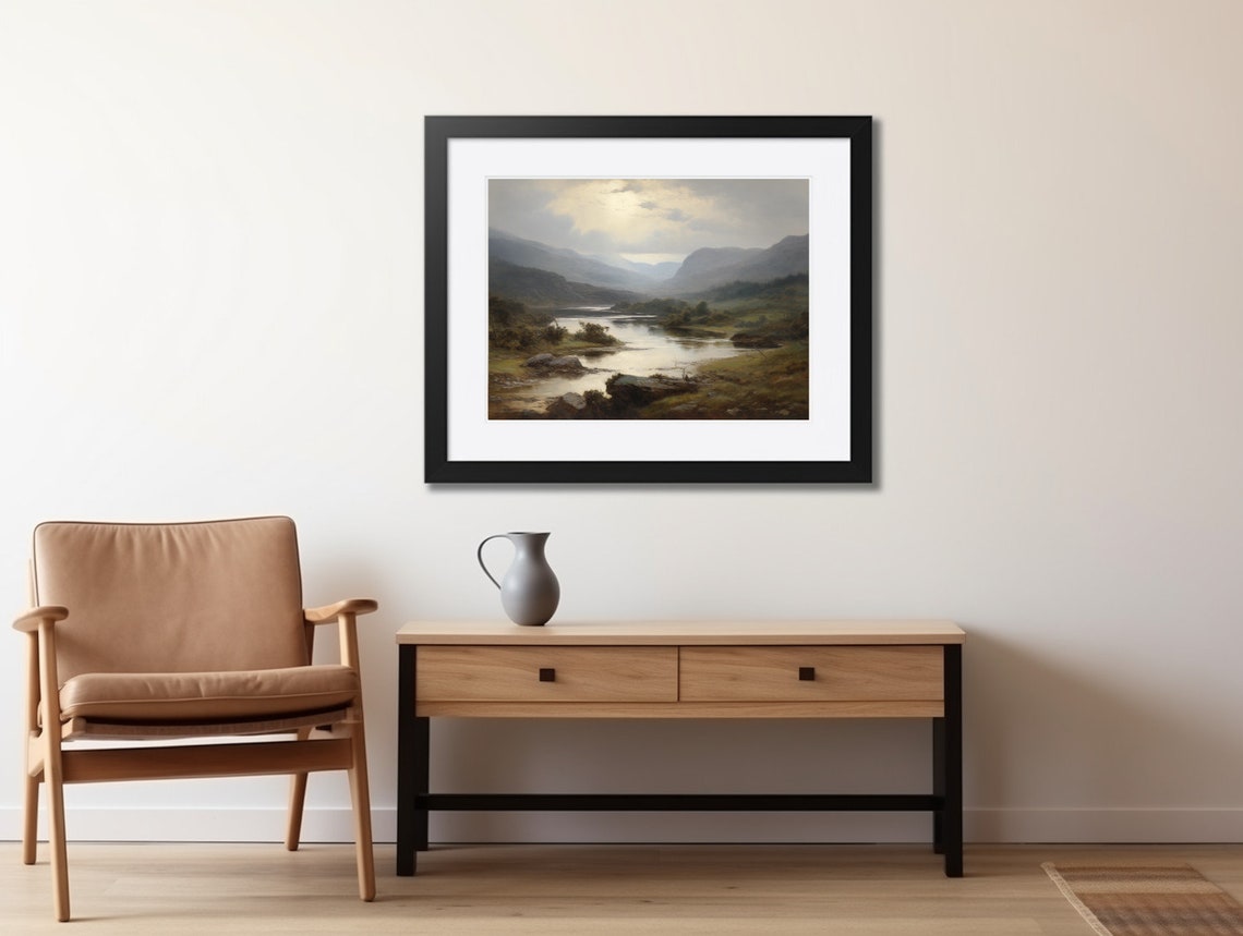 Moody Soft Mountain Lake Valley Mist Vintage Painting Poster - Image 2