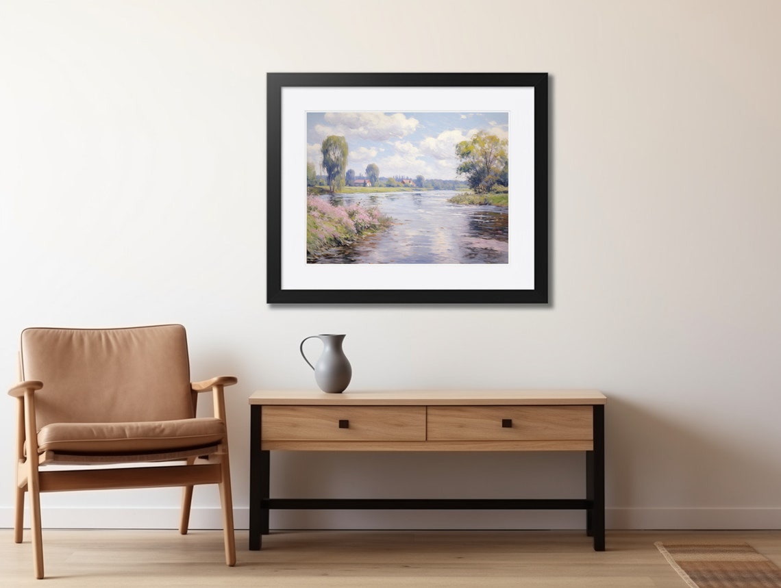 Spring River with Blooming Pink Flowers Pastel Riverside Scene Poster - Image 2