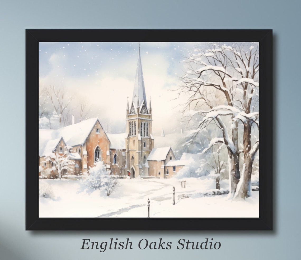 Snowy Country Church Tall Spire Winter Watercolor Christmas Poster