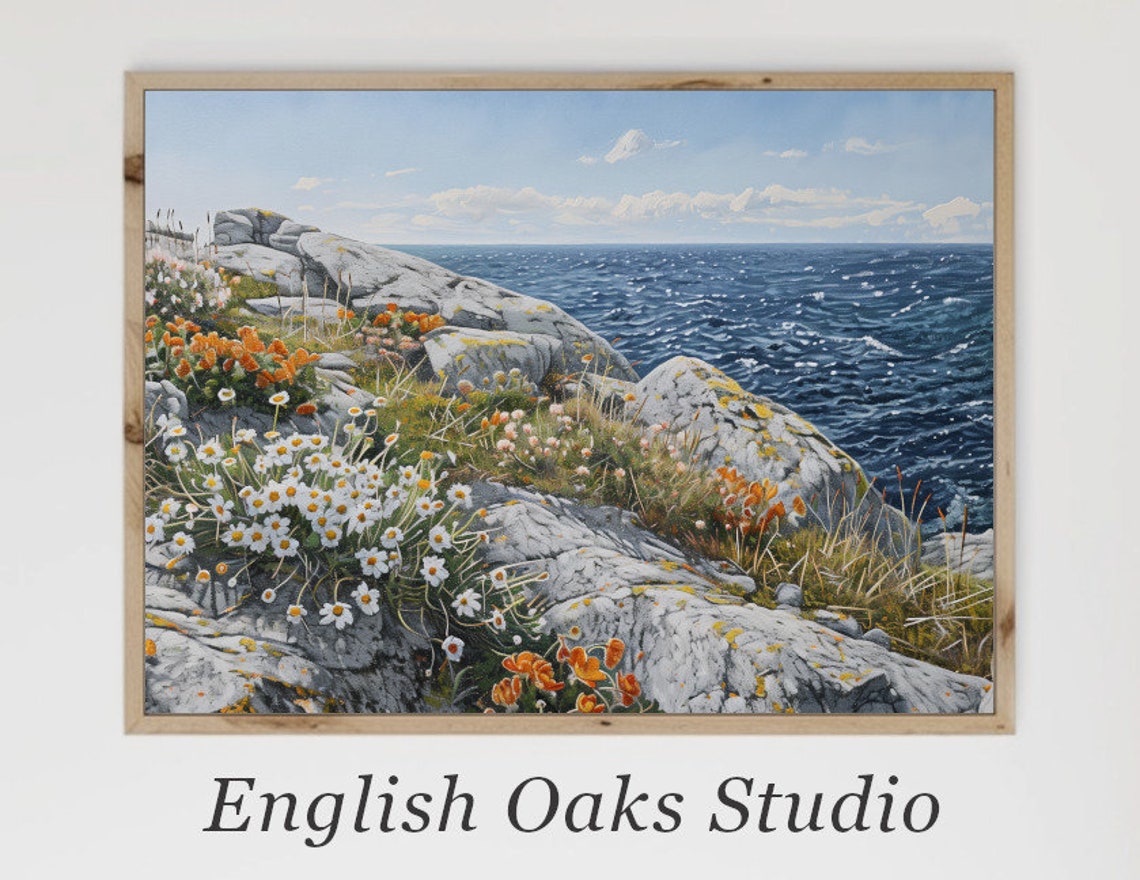 Rocky Coastline Daisies White Blooms Deep Blue Ocean Cliffs Poster