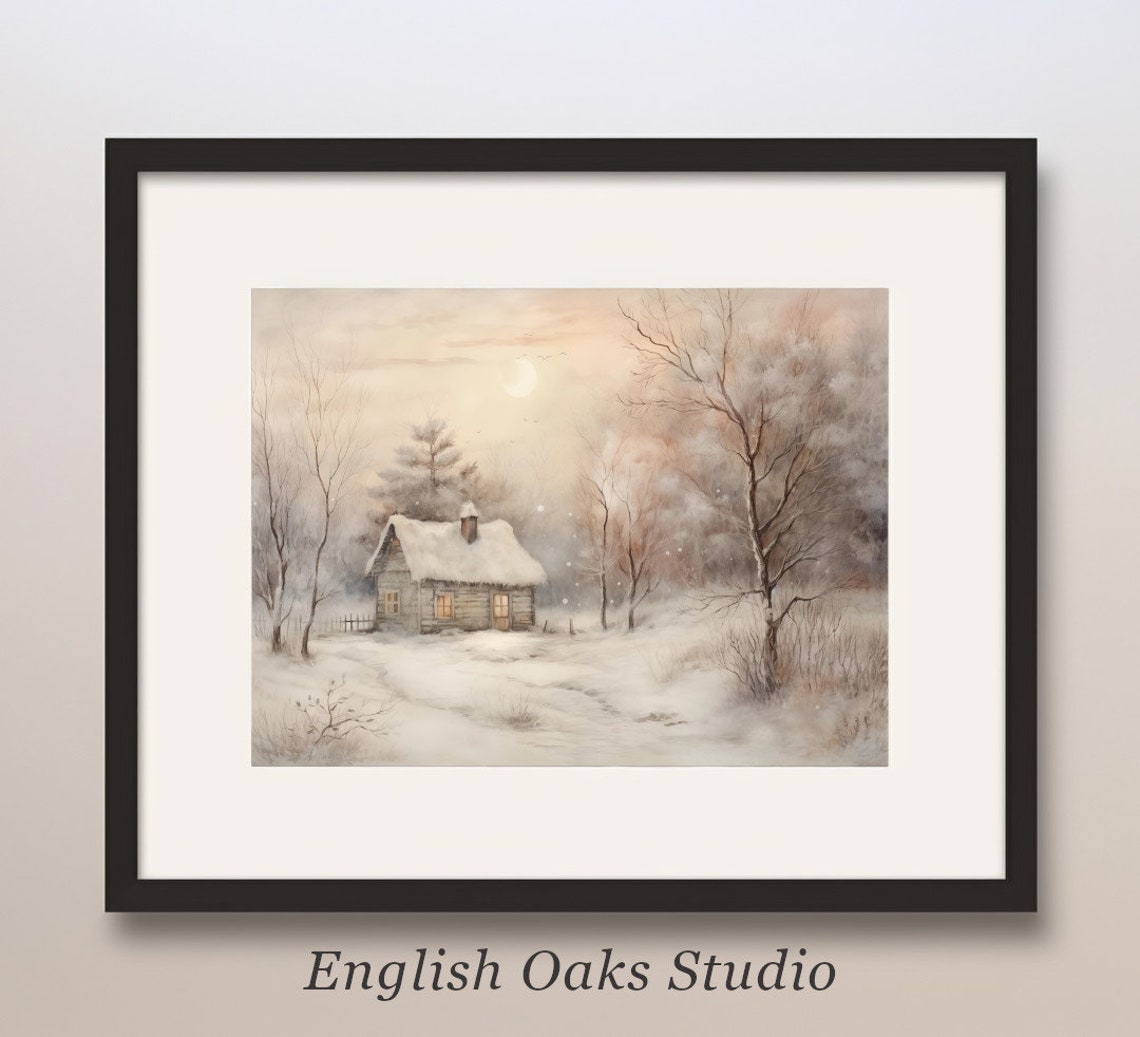 Snow Covered Cabin at Dusk with Glowing Windows Oil Painting Poster