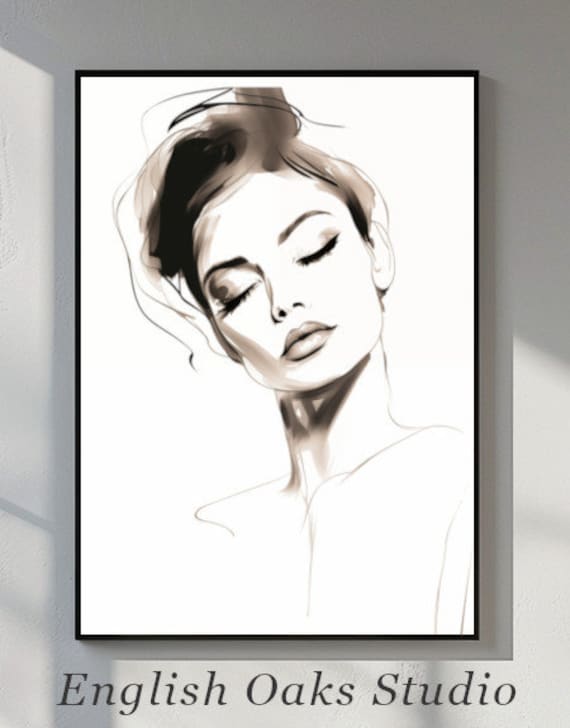 Minimalist Woman Face Sketch Ink Drawing Neutral Line Wall Art