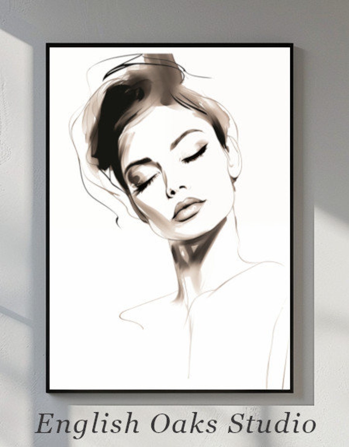 Minimalist Woman Face Sketch Ink Drawing Neutral Line Wall Art