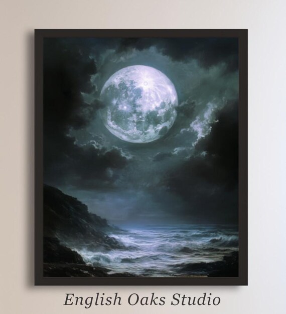 Giant Glowing Full Moon Over Rocky Ocean Coast Storm Night Poster