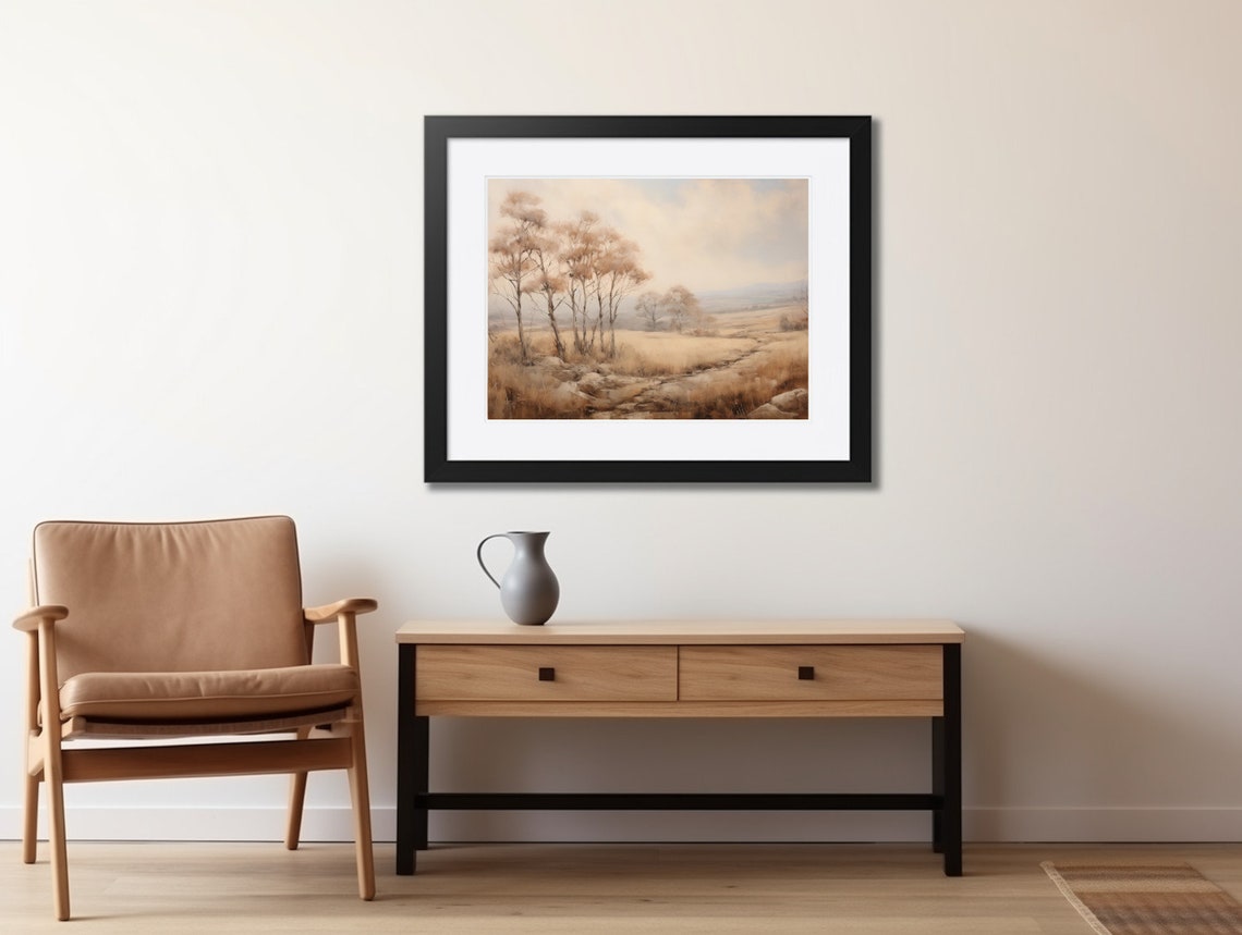 Neutral Valley Landscape with Trees Rustic Country Oil Painting Poster - Image 2