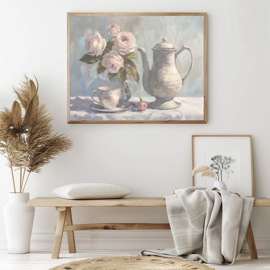 Pink Roses with White Teapot and Teacup Shabby Chic Art Poster - Image 2