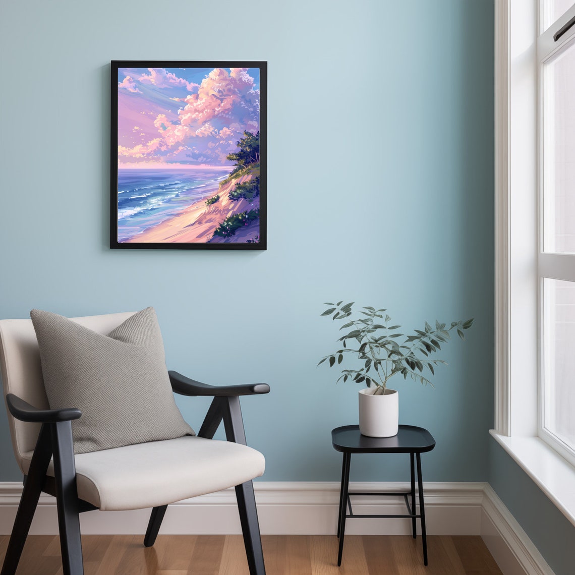 Pastel Pink Beach Sunset Anime Style Coastal Dreamy Wall Art - Image 2