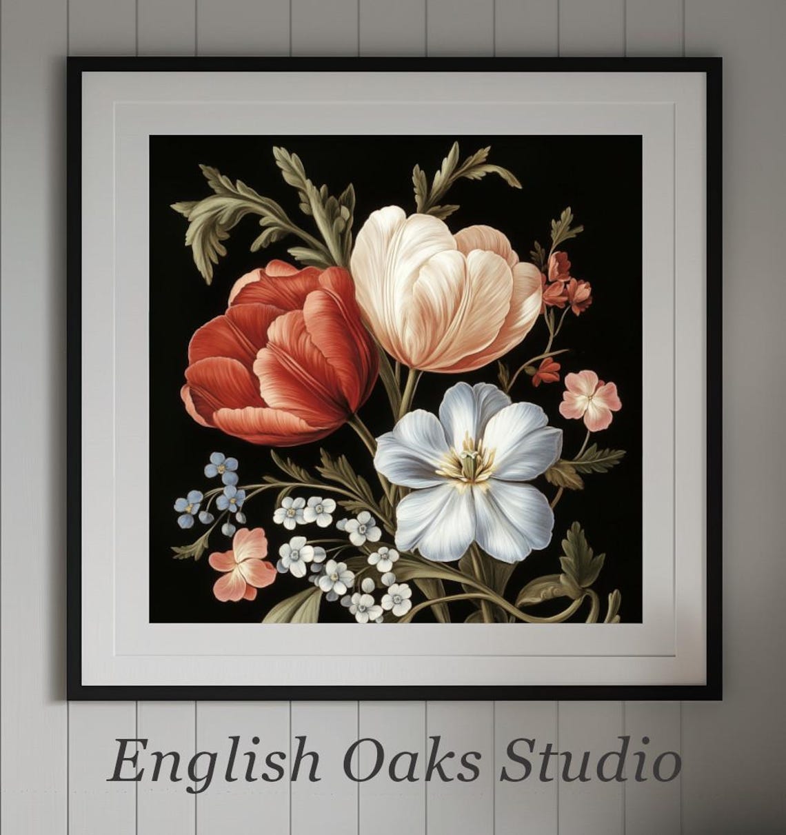 Red Tulip And White Anemone Botanical Study On Black Floral Art Poster - Image 2