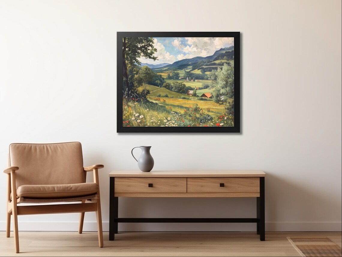 Vintage Summer Countryside Meadow With Village Church And Mountains Poster - Image 2