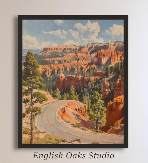 Vintage Southwestern Desert Road And Mountains Landscape Painting Neutral Arizona Desert Wall Art 01