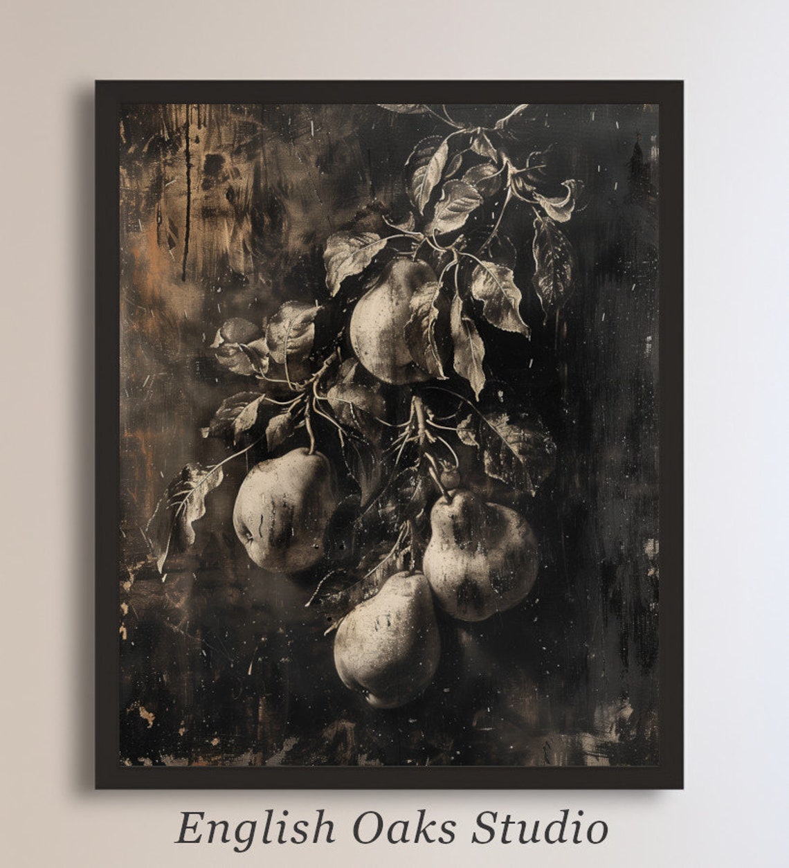 Pears Hanging on a Branch in Dark Moody Sepia Vintage Poster