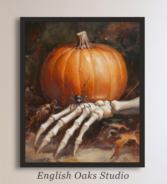 Pumpkin Skeleton Hand Black Spider Autumn Still Life Moody Halloween Poster