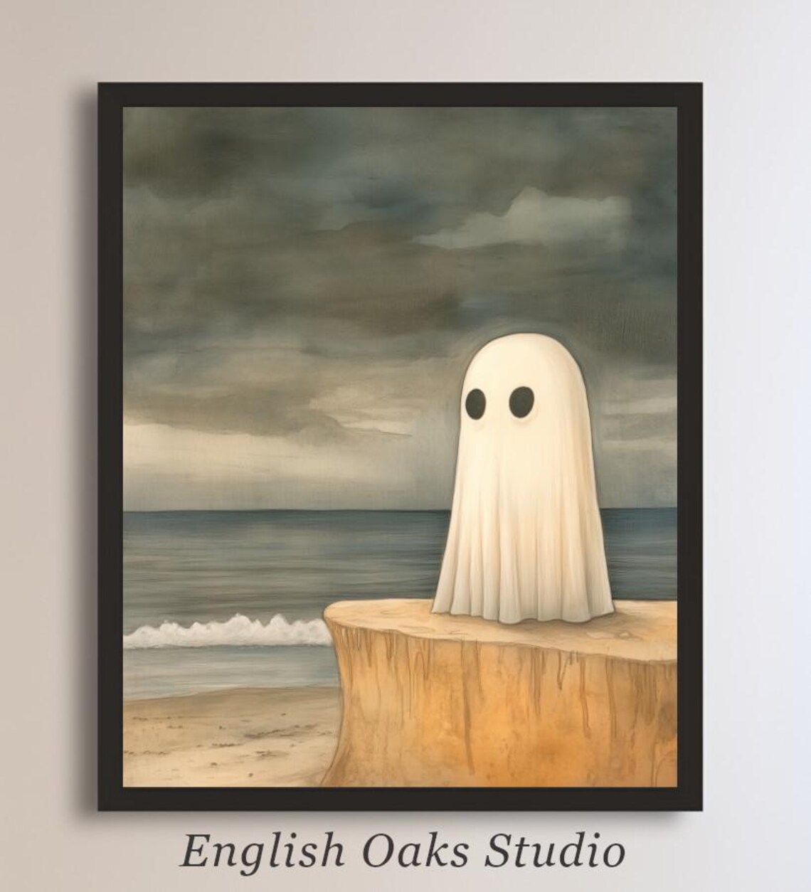 Cute Ghost Cliff Seaside Ocean Waves Moody Cloudy Sky Halloween Art Poster