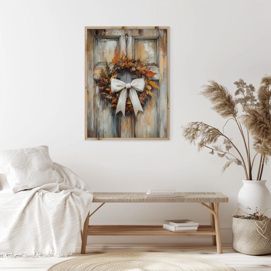Rustic Fall Wreath with White Bow Hanging on Antique Wooden Door Poster - Image 2