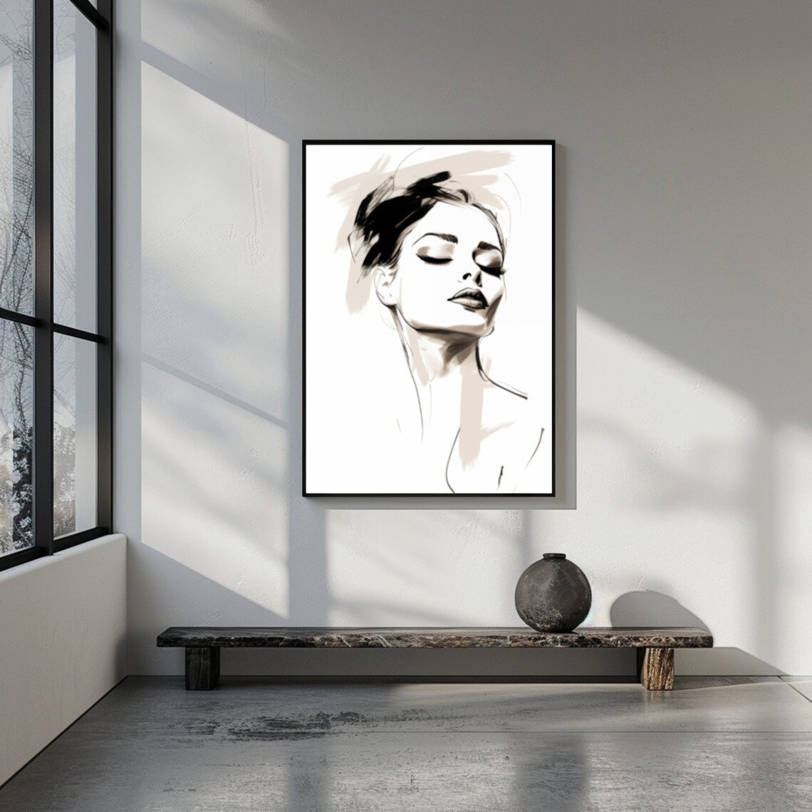 Elegant Woman Portrait Sketch Closed Eyes Minimalist Ink Wall Art - Image 2