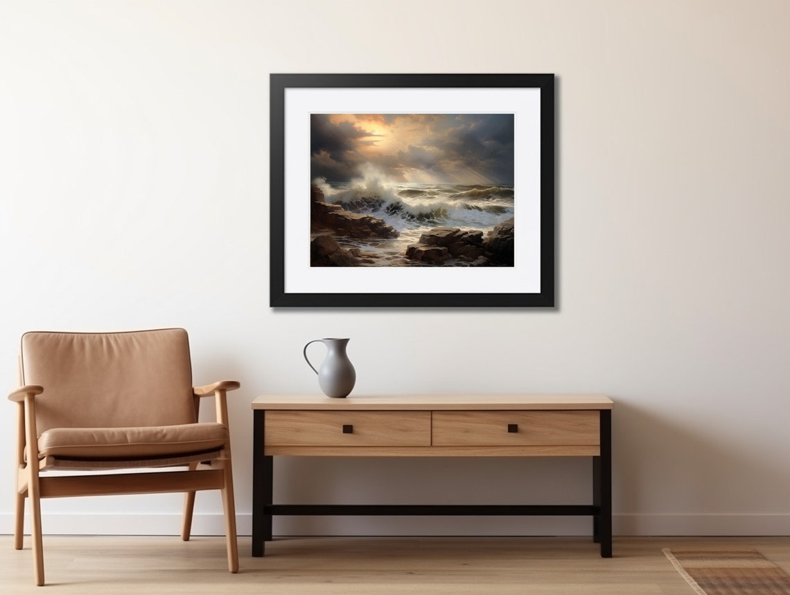 Dusk Ocean Waves Crashing on Rocks Dramatic Oil Painting Poster - Image 2
