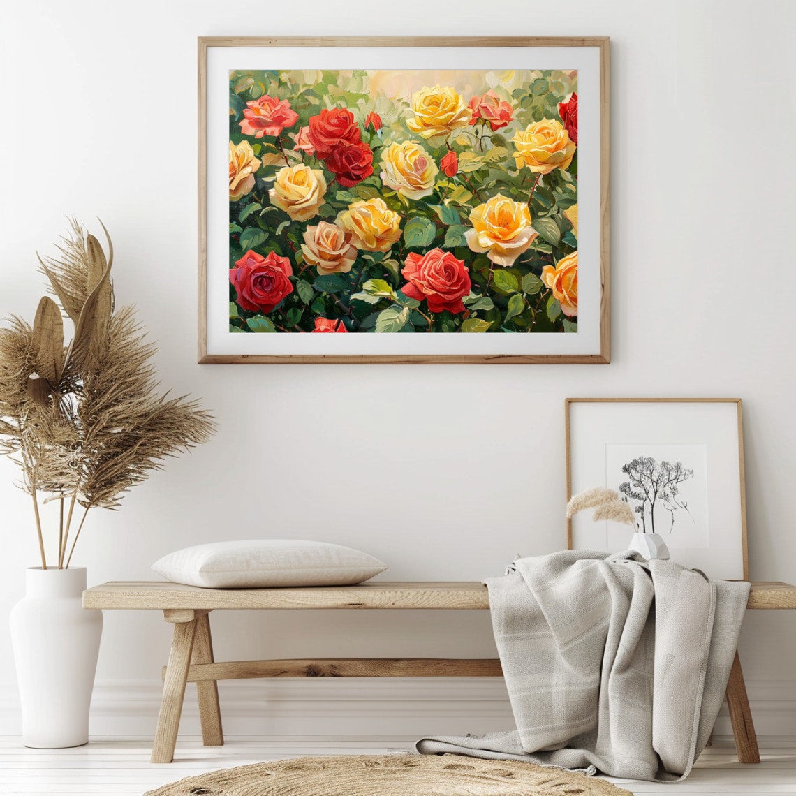 Yellow Red Roses Sunlit Garden Painting Golden Crimson Blooms Poster - Image 2