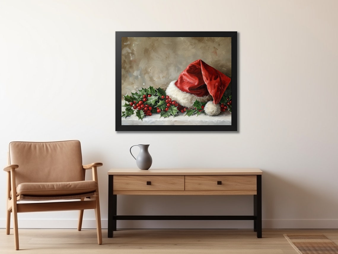 Santa Hat with Holly Berries Christmas Still Life Painting Poster - Image 2
