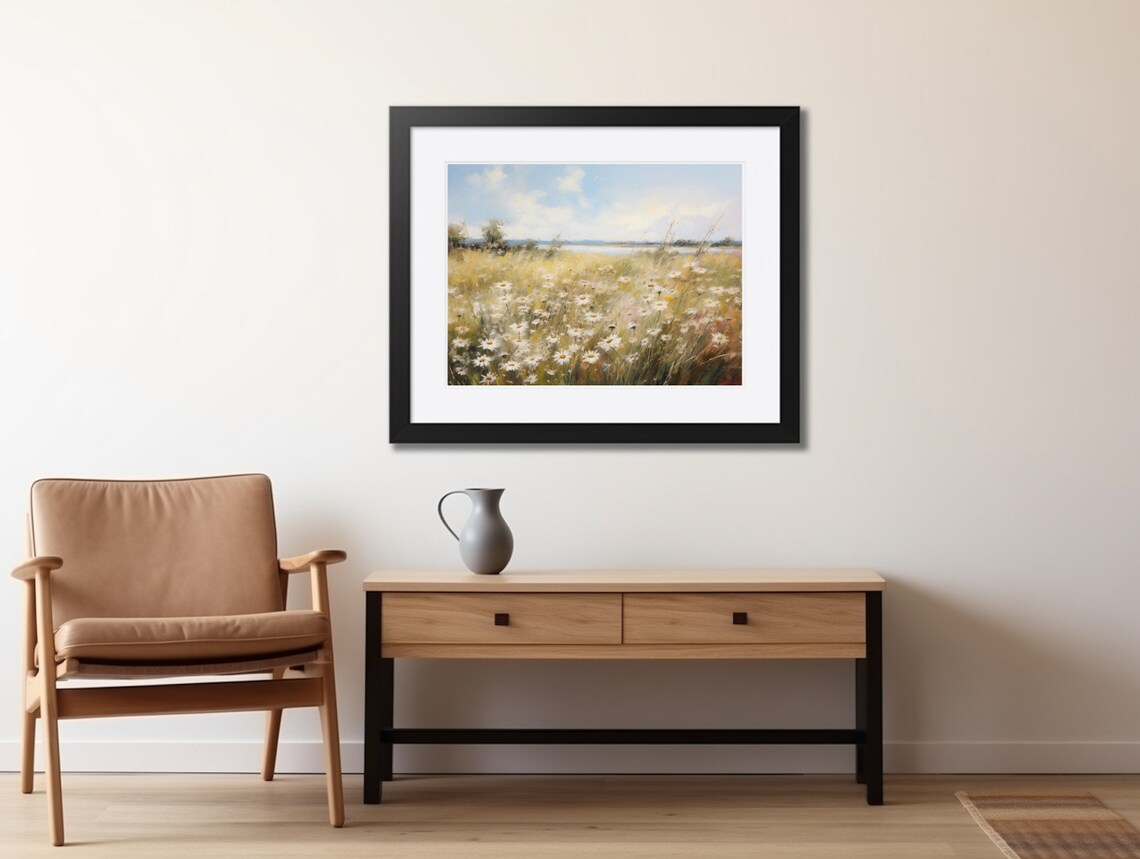 Vintage Neutral Wildflower Meadow Oil Painting Field Of Wildflowers Farmhouse Wall Art - Image 2