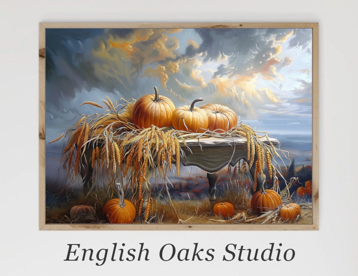 Pumpkins on Rustic Table with Wheat at Harvest Sunset Poster