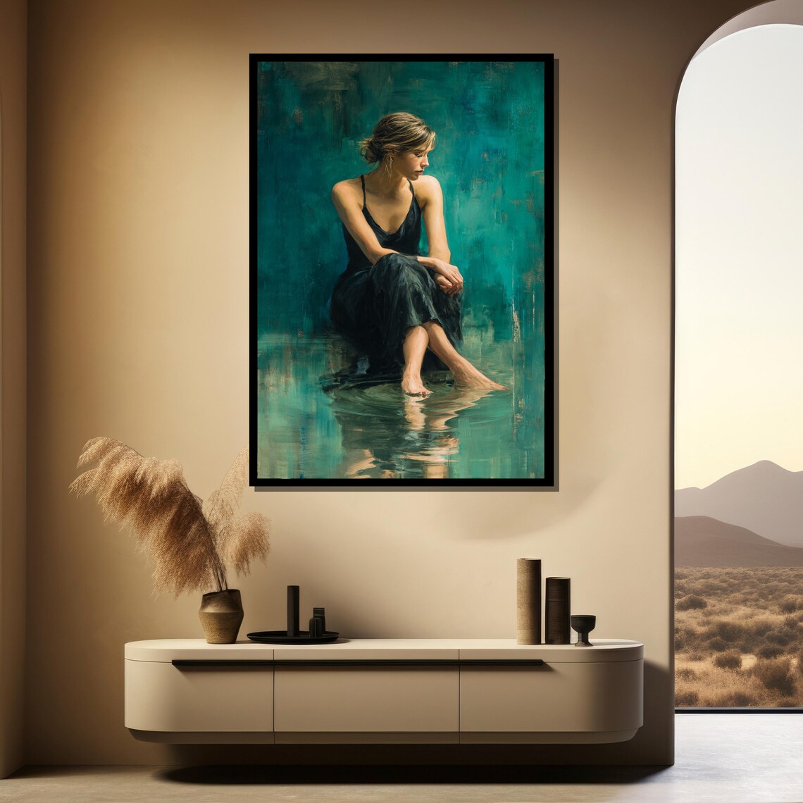 Contemplative Woman in Black Dress by Still Water Teal Figurative Painting Poster - Image 3